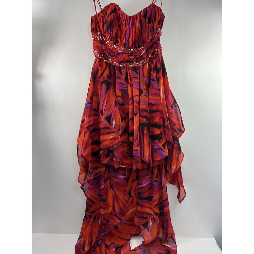 Morgan & Co. Strapless Mini Dress Women's Sz 7/8 Red Print Sequined Tiers/Trains